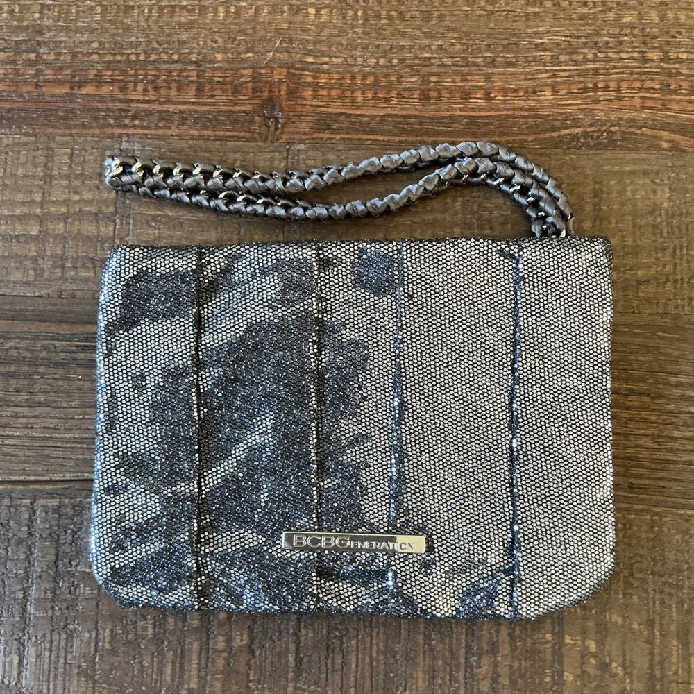 BCBGeneration Women's Silver Blue Glitter Pleated Clutch w/ Wristlet